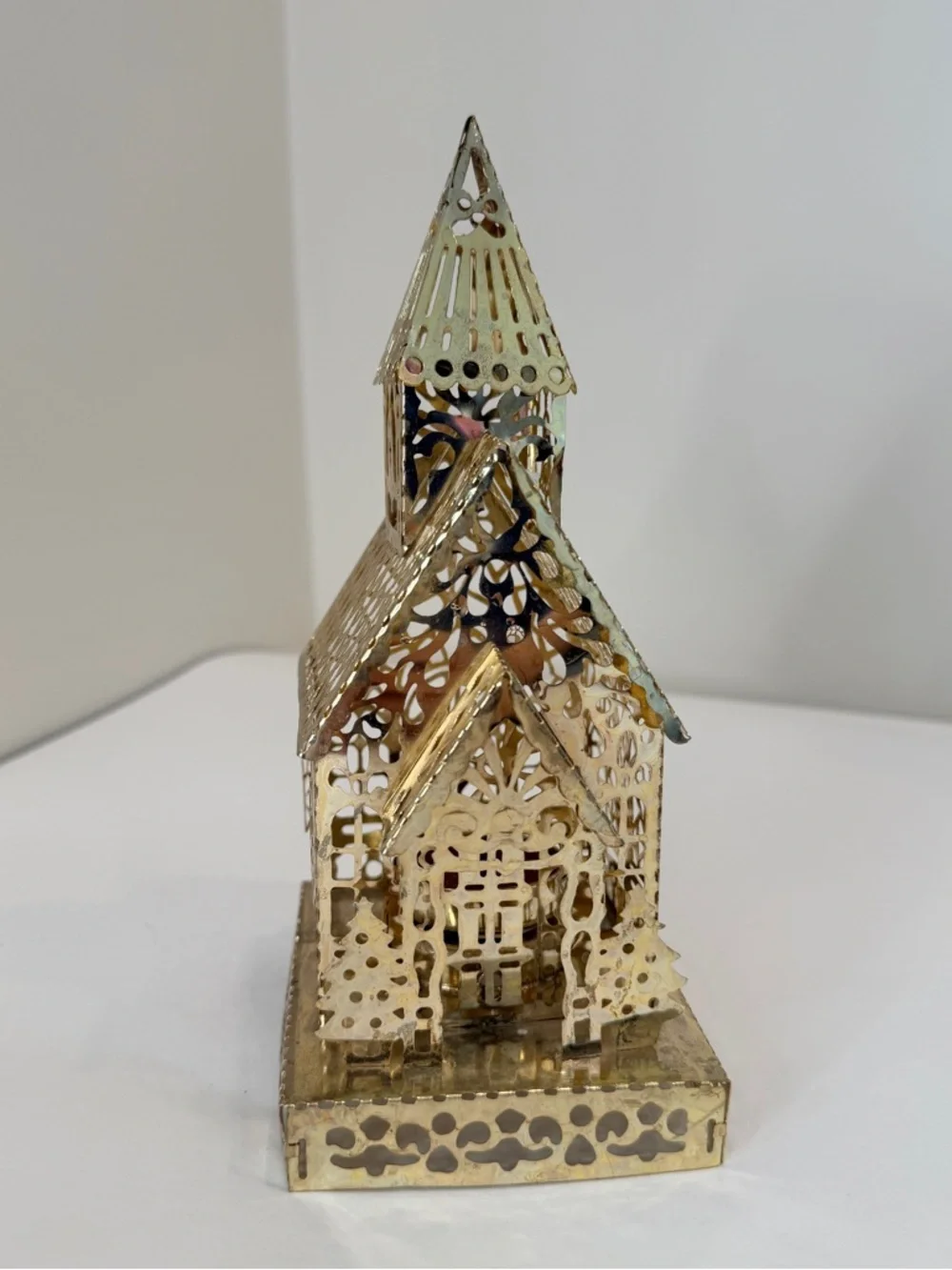 Vtg Brass Filigree Church Tea Light Votive Candle Holder 7.5